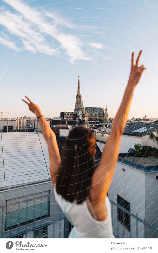 Young woman in Vienna with St. Stephen's Cathedral in the background Luxury Joy Summer Flat (apartment) Success Human being Woman Adults Hand Capital city