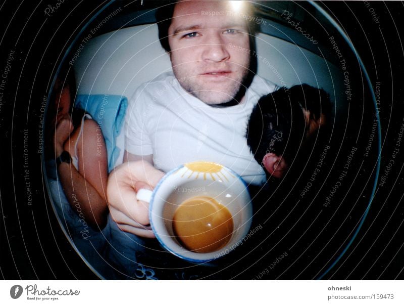 Monkey? Coffee Cup Man Bed Breakfast Hung-over Sun Fisheye Lomography Drinking