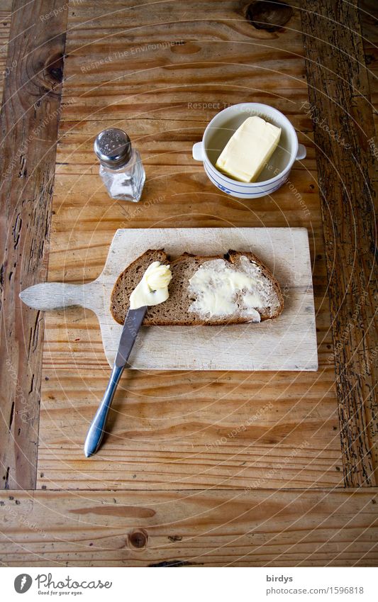 Bread butter and salt - God save Salt caster Nutrition Breakfast Dinner Finger food Knives Chopping board Breakfast table Living or residing Table Eating