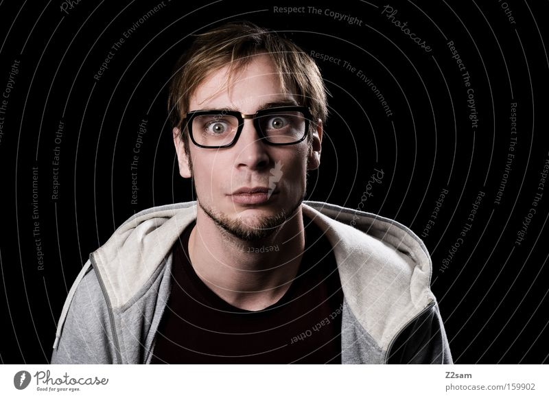 Nerd? Portrait photograph Man Face Eyeglasses Smart Ask Looking Hooded (clothing) Intellect Geek
