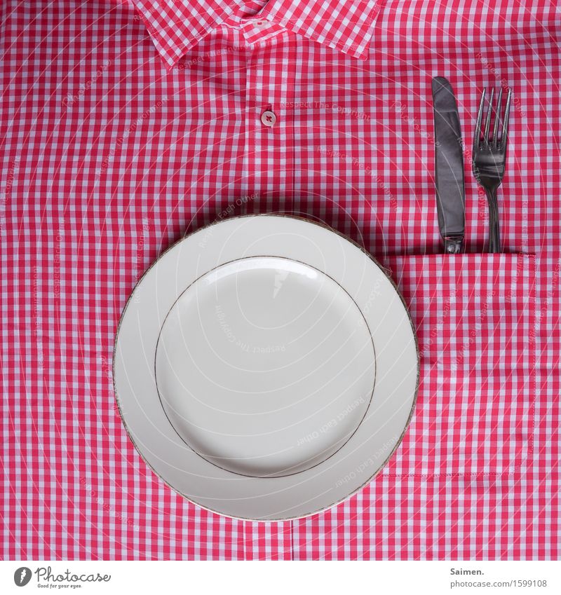 improvisational kitchen | Nutrition Crockery Plate Cutlery Knives Fork Shirt Checkered Red White Collar Buttons Colour photo Interior shot Detail Deserted