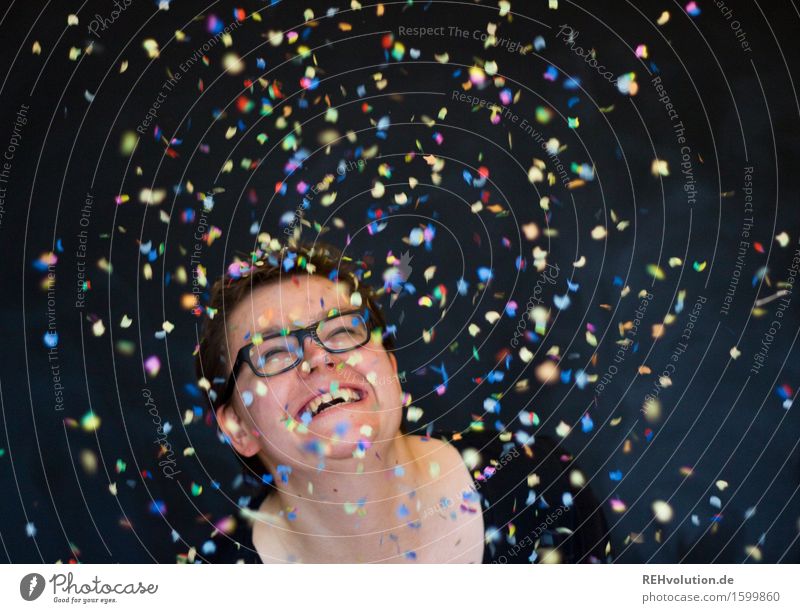 Woman in the rain of confetti Human being Feminine Young woman Youth (Young adults) 1 18 - 30 years Adults 30 - 45 years Eyeglasses Short-haired Laughter luck