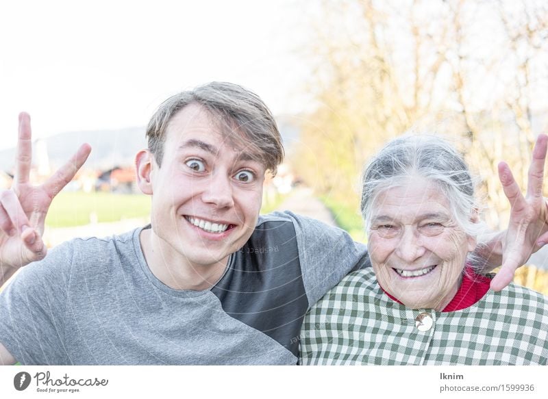 happy senior citizen with grandson Joy Happy Human being Young man Youth (Young adults) Female senior Woman Grandparents Senior citizen Grandmother