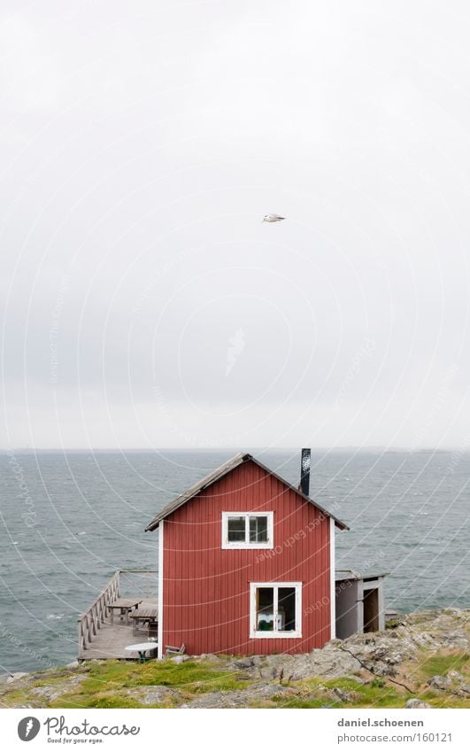 holiday cottages House (Residential Structure) Hut Ocean Sweden Scandinavia Sky Weather Summer Wood Red Blue Water Horizon Light Colour Beach Coast
