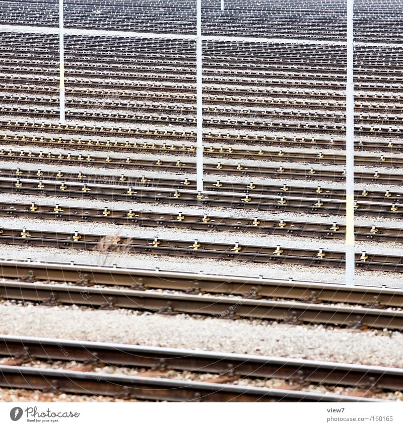 railway tracks Railroad tracks Transport Switch Train station Logistics Ecological Steel Switchyard Electricity pylon Telegraph pole Industrial Photography