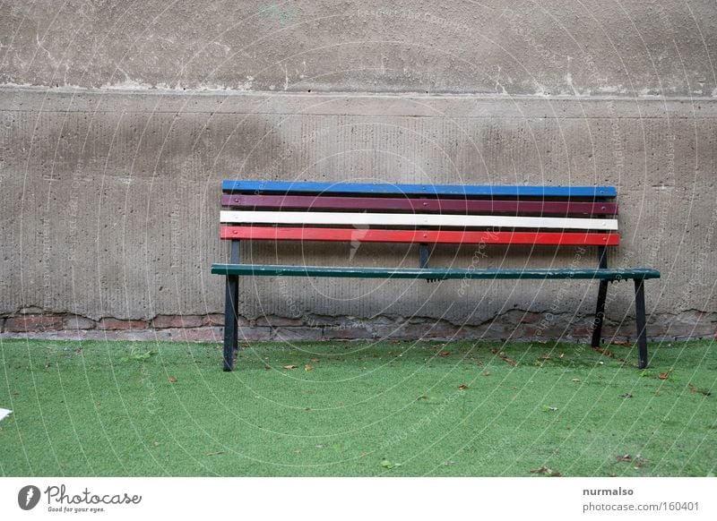 be so free and take a seat Bench Garden bench Artificial lawn Multicoloured Rainbow Together Store premises Share Wall (barrier) Wall (building) Gloomy