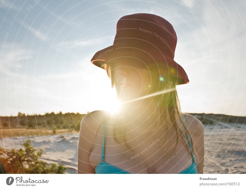 sugar loaf Back-light Sun Summer Fashion Hat Woman Beautiful Bikini Blonde Sand Warmth Hot Beach Portrait photograph