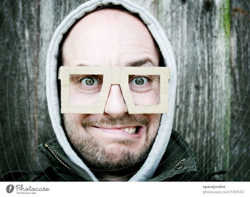 New glasses Eyeglasses Portrait photograph Man Petit bourgeois Face Looking Freak Whimsical Humor Funny Optician Joy
