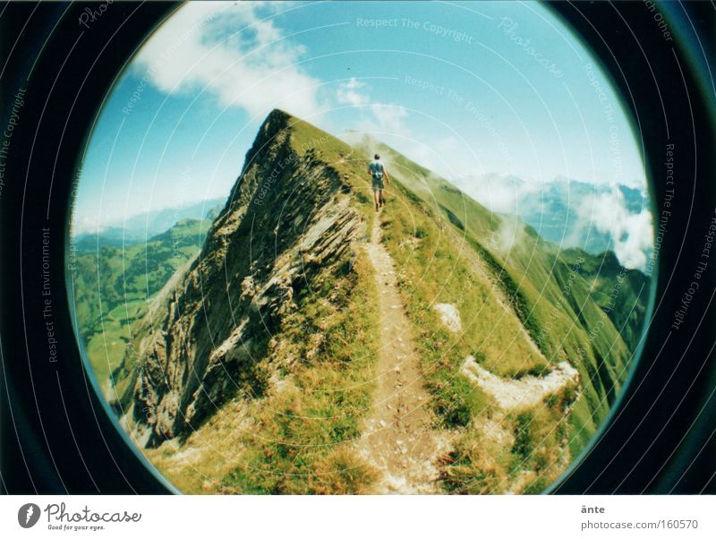 tightrope walk Colour photo Exterior shot Lomography Holga Copy Space top Day Sunlight Deep depth of field Wide angle Fisheye Rear view Mountain Hiking Climbing