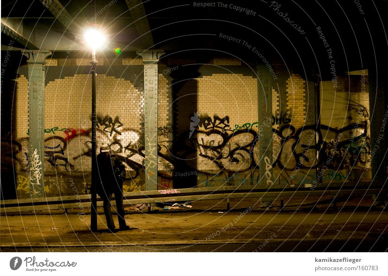 waiting Night Dark Underpass Bridge Berlin Neukölln Man Stand Wait Lantern Light Shadow Graffiti Column Tile Street Boredom Mural painting