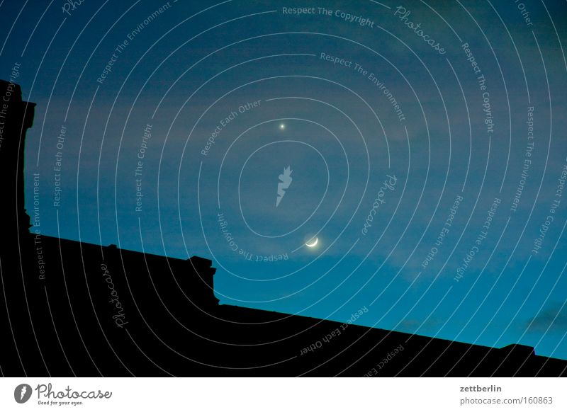 Moon and Venus Evening Planet Stars Astronomy Astrology House (Residential Structure) Roof Night Twilight Light Clouds Half moon Crescent moon Seasons Sky