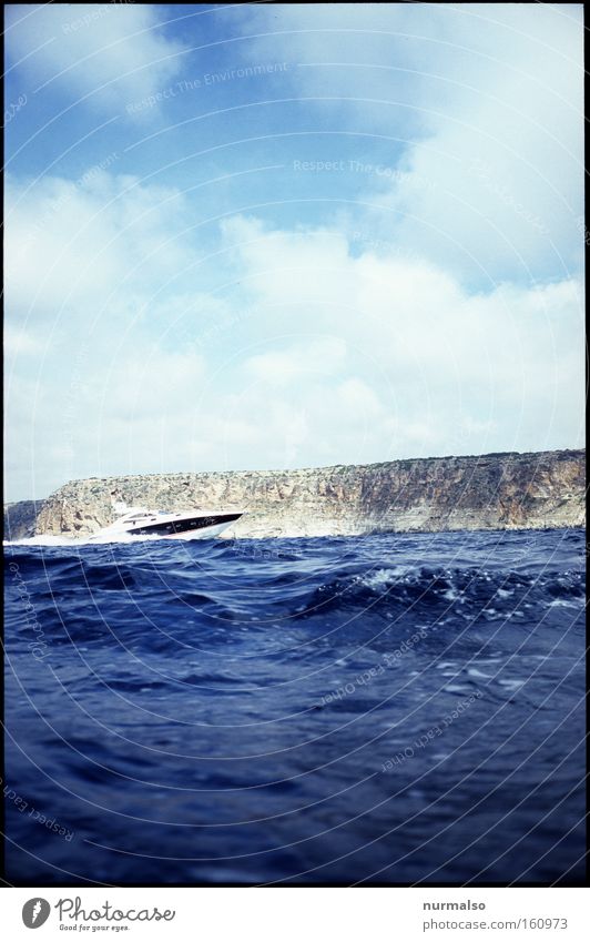 speed bump Speed Speedboat Motorboat Coast Cliff Majorca Mediterranean sea Summer Boast Rich Millionaire Sheik Polluter Navigation Ocean Joy