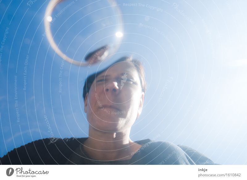 thought bubble Adults Life Face 1 Human being Elements Air Water Sky Cloudless sky Spring Summer Beautiful weather Air bubble Bubble Surface of water Sphere