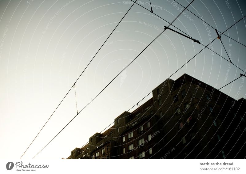 844 Building House (Residential Structure) Architecture Contrast Lantern Cable Steel cable Tense Tram Town Blue Beautiful Idyll Sky Silhouette