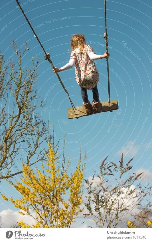 sky-high Leisure and hobbies Playing Children's game Garden Girl Infancy Life 3 - 8 years Air Sky Clouds Spring Beautiful weather Wind Bushes To swing Tall