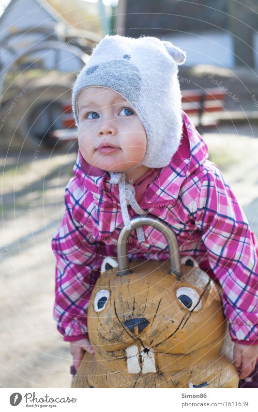 I'm looking for? Feminine Child Toddler Girl Infancy 1 Human being 1 - 3 years Observe Meditative Droop Cap Spring Beautiful Hamster Playground Colour photo