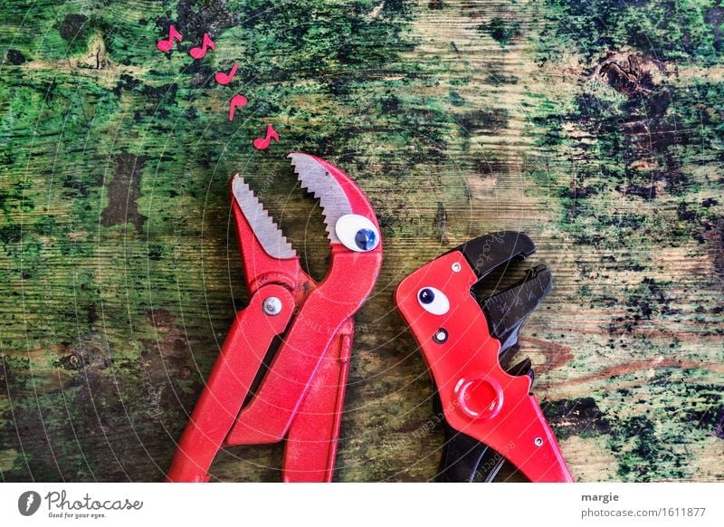Will you sing me my song? Two red tongs with eyes on an old wooden table with red music - notes Craftsperson Workplace Construction site Services Craft (trade)
