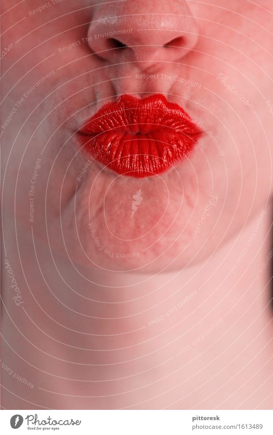 kissing mouthfulness Art Esthetic Close-up Intimacy Kissing Pout Red Nose Face Feminine Beautiful Love Display of affection With love Lips Lipstick Lip care