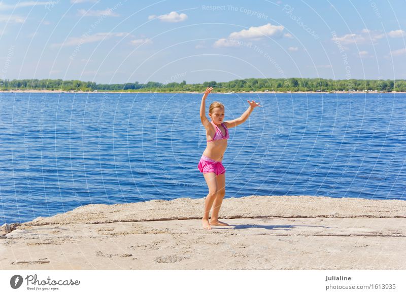 Dancing girl on the riverbank Joy Playing Summer Beach Ocean Child Schoolchild Girl Woman Adults Infancy 1 Human being 3 - 8 years 8 - 13 years Sand River bank