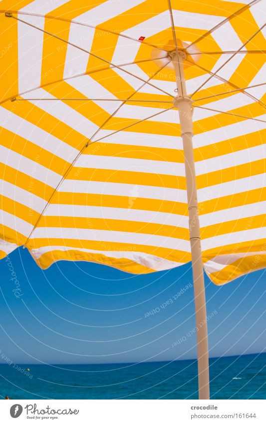 summer sun parasol Summer Vacation & Travel Spain Beach Ocean Relaxation Yellow Multicoloured Fisheye Horizon Sky Beautiful weather Cloudless sky Shadow