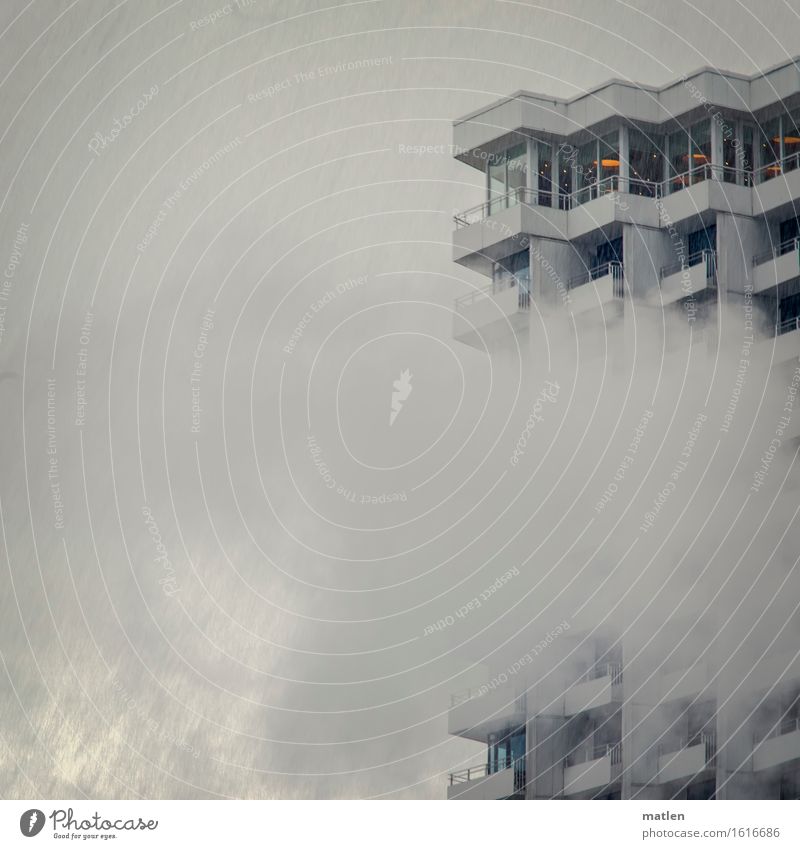 April weather Sky Clouds Spring Weather Bad weather Fog Town Deserted High-rise Architecture Wall (barrier) Wall (building) Balcony Window Landmark Blue Gray