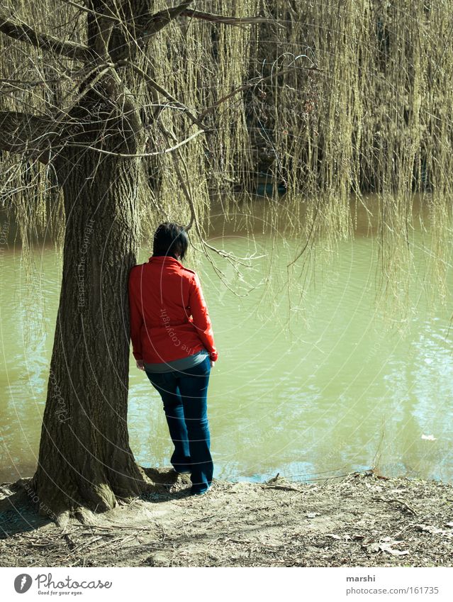 Lost in thought Lake Tree Brook Longing Loneliness Far-off places Thought Dreamily Red Green Gloomy Sadness Emotions Woman Jacket Grief Distress River Spring