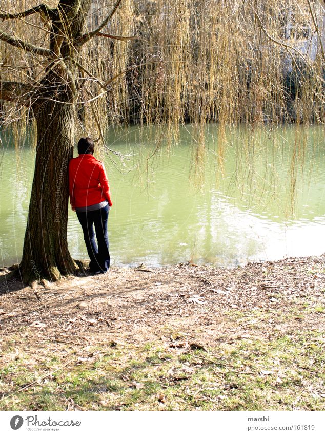 the one with the red jacket Colour photo Exterior shot Day Rear view Human being Woman Adults Back 1 Nature Plant Animal Water Spring Weather Meadow Coast