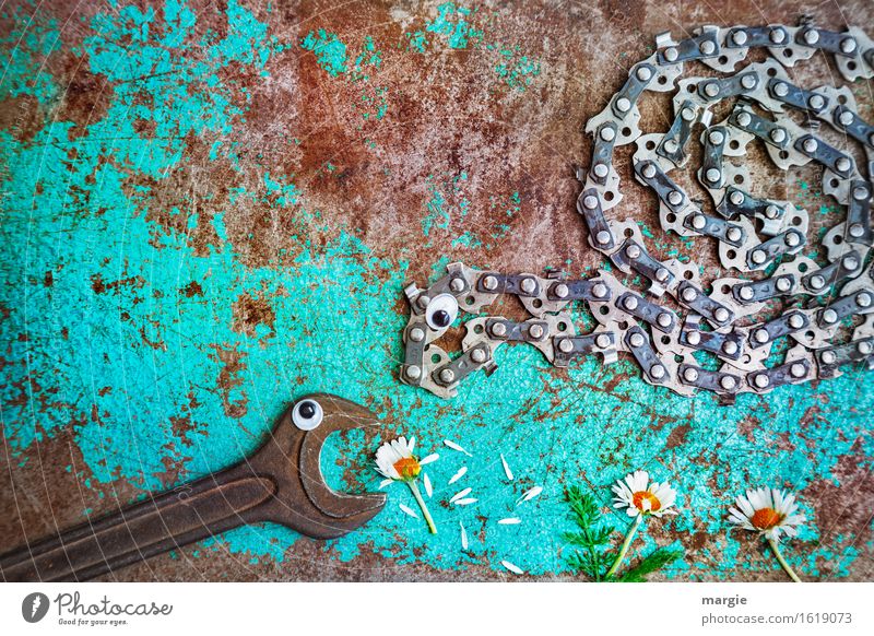 Hey, this is mine ...... A wrench and a chainsaw with eyes picking up daisies Craftsperson Gardening Workplace Construction site Services Advertising Industry