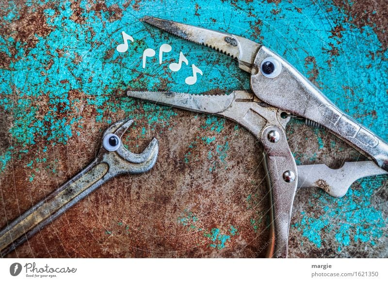 I'll whistle something for you! Pliers and a screwdriver with eyes on a rusty background.  White musical notes in the mouth of the pliers Profession