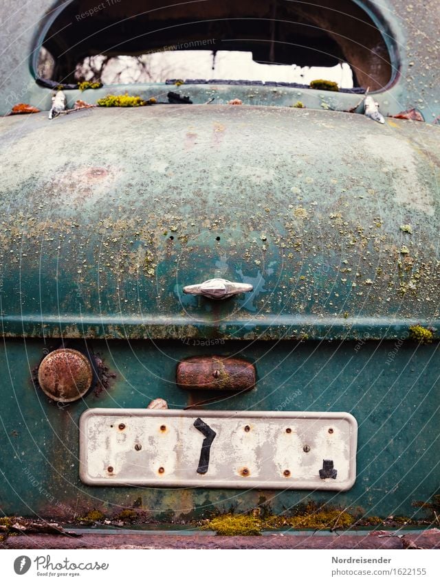 patina Work and employment Craft (trade) Transport Means of transport Vehicle Car Vintage car Limousine Metal Steel Rust Sign Characters Digits and numbers
