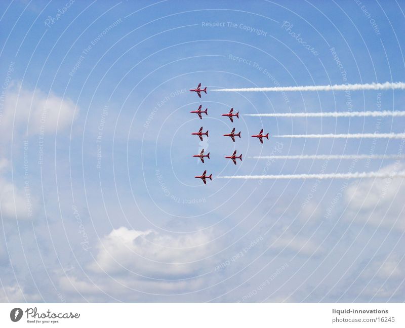 Red Arrows England Clouds Airplane Formation Air show Photographic technology Sky