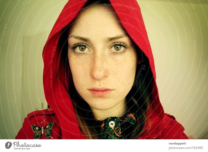 1_2 Portrait photograph Face Freckles Eyes Red Hooded (clothing) Balaclava Butterfly Style Colour Luminosity Lighting Woman Human being Mammal look glance