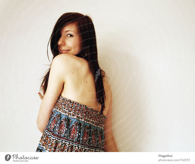 A beautiful back can also delight! Happy Hair and hairstyles Summer Woman Adults Back Dress Smiling Laughter Shoulder Multicoloured Contrast Portrait photograph