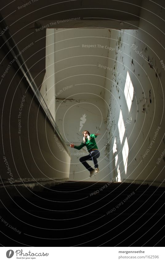 high jump Jump Light Window Stairs Human being Man Self portrait Brewery Hallway Above Black White Derelict