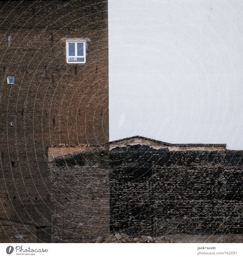 old building fabric meets new structure Window Brick Line Dirty Sharp-edged Historic Trashy Fire wall Speckled Remainder Renewal Facade Detail Subdued colour