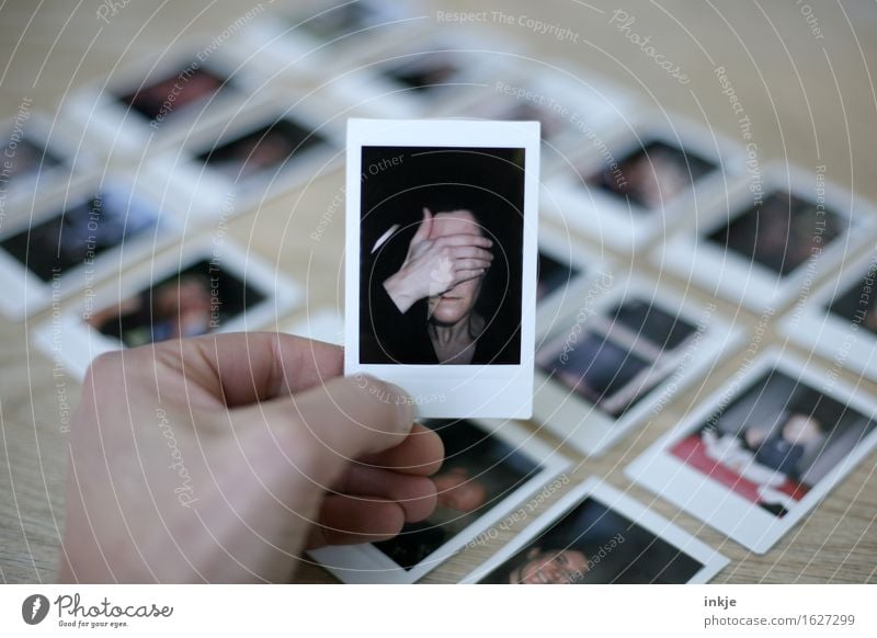 Polaroids woman with hand in front of face Woman Adults Life Face Hand 1 Human being Picture-in-picture Photography Accumulation Emotions Shame Remorse