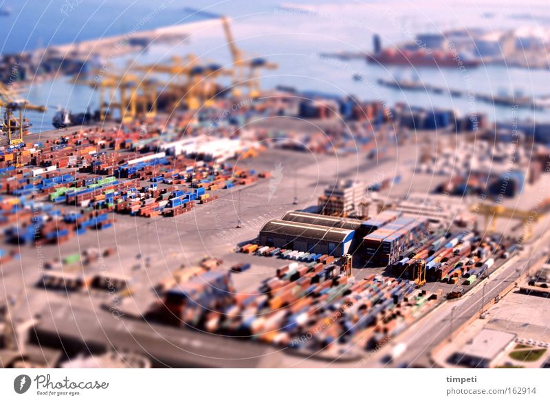 Container port in Barcelona Harbour Miniature Ocean Truck Crane Watercraft Multicoloured Depth of field Industry Tilt-Shift
