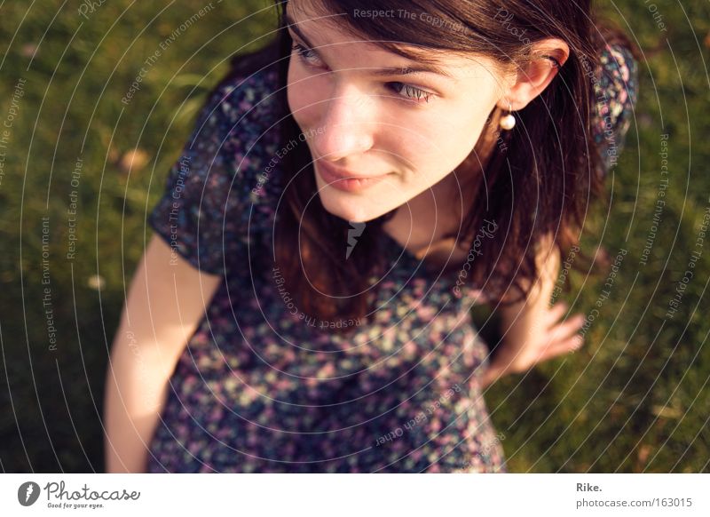 Love in thought. Colour photo Exterior shot Day Portrait photograph Upper body Looking away Joy Happy Face Harmonious Summer Human being Feminine Young woman