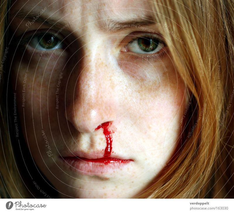 >:-''/ Portrait photograph Woman Blood Nose Freckles Emotions Eyes Face Red Pressure Human being Healthy Nose bleed frown glance