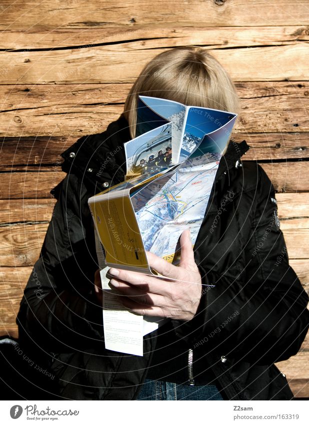 Planned Mountain Wood Woman Reading Map Contrast Hand Warmth Sit Leisure and hobbies Planning Ski run Hut Old