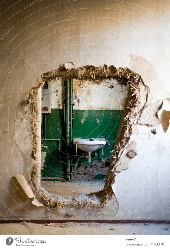 abbreviation Room Bathroom Wall (barrier) Wall (building) Old Authentic Simple Broken Rebellious Brown Green Decline Vista Breach Hollow Damage Sink Obscure