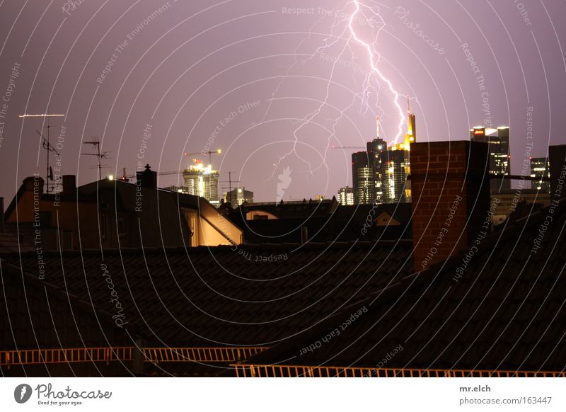 Electrification of the Maintower Lightning Thunder Electricity Roof Frankfurt Bank building High-rise Thunder and lightning Storm Airplane Night Threat