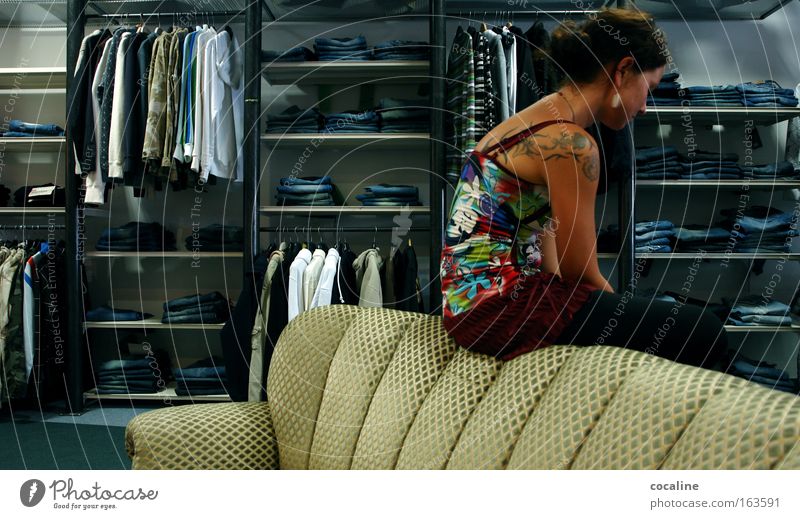 financial crisis Colour photo Interior shot Day Artificial light Central perspective Full-length Store premises Trade Unemployment Feminine Young woman