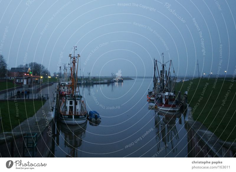 Harbour Greetsiel Colour photo Exterior shot Deserted Copy Space top Dawn Evening Twilight Reflection Central perspective Long shot Wide angle North Sea