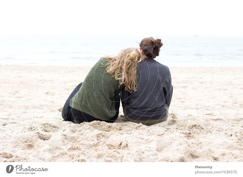 rest for two Feminine Girl Young woman Youth (Young adults) Woman Adults Head Hair and hairstyles 2 Human being Sand Water Waves Coast Ocean Think Dream