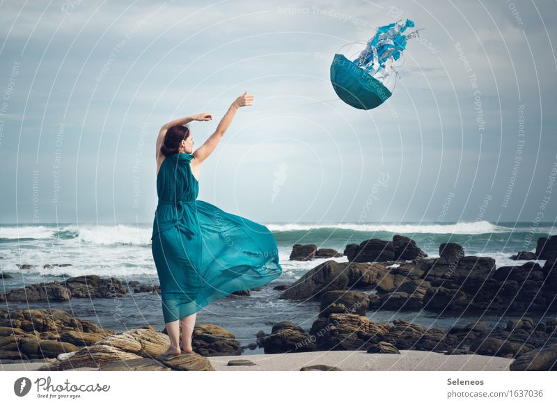 wind chimes Adventure Far-off places Freedom Human being Feminine Woman Adults 1 Environment Nature Sky Horizon Wind Gale Waves coast Beach Ocean Dress Flying