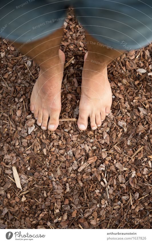 Barefoot on wood shavings Bark mulch Pedicure Healthy Life Contentment Trip Freedom To go for a walk Human being Masculine Young man Youth (Young adults) Adults