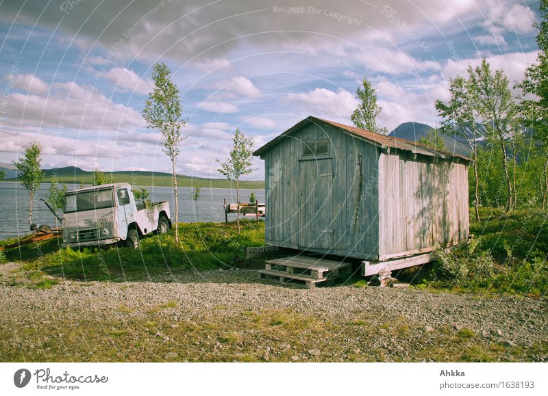 The High North XII Nature Sky Clouds Beautiful weather Tree Lake Hut Truck Wood Old Retro Blue Moody Adventure Loneliness Idyll Nostalgia Colour photo
