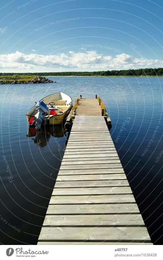 Sweden Lake Fishing (Angle) Nautical Jetty Fishing boat Summer Forest Outboard Motor Engines Sverige Gotland Water Sky Skyline