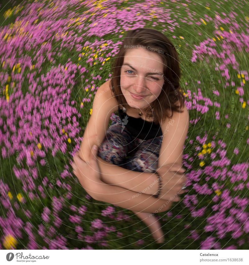 Amid pink and yellow flowers sits a smiling young woman . Feminine Young woman Youth (Young adults) 1 Human being 18 - 30 years Adults Nature Plant Flower